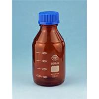 Gewindeflasche mit Teilung, Braunglas, Ausgießring, blauer Verschluss Gewindeflasche mit Teilung, Braunglas, Ausgießring, blauer Verschluss