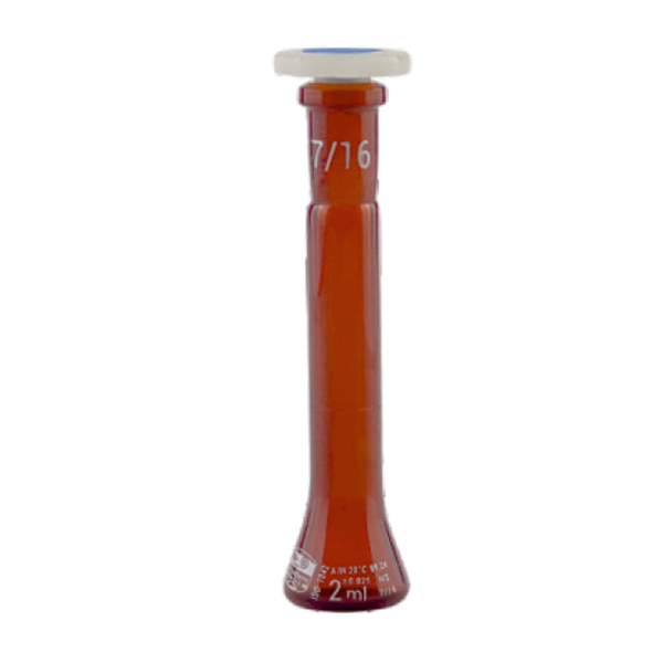 Messkolben, Trapezform, mit NS-Polystopfen, Braunglas