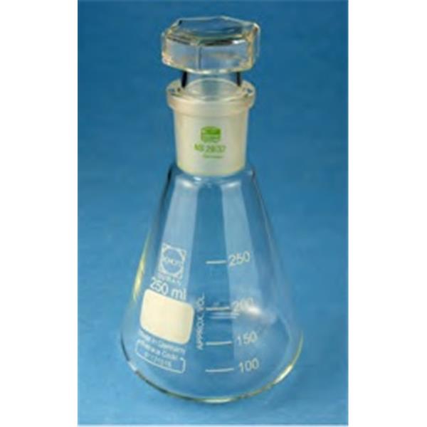 Erlenmeyerkolben mit Normschliff und Teilung, Borosilikatglas 3.3, inkl. Stopfen