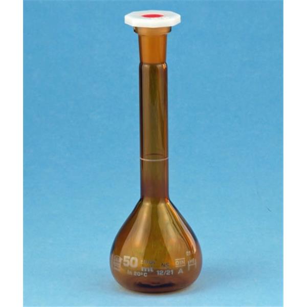 Messkolben, Braunglas, konformitätsbescheinigt, mit Normschliff und NS-Polyethylenstopfen